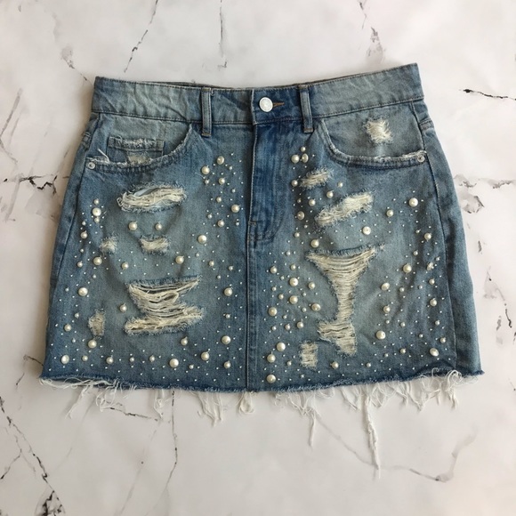 Zara Trafaluc Pearl Distressed Denim Skirt Medium - Picture 1 of 5